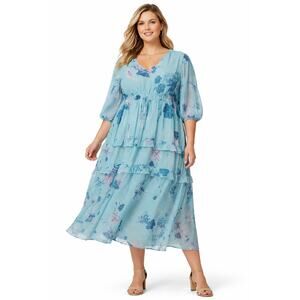 Destination 365 Dress Women’s 2XP Aqua Blue Floral Tiered Midi Short Sleeve Boho